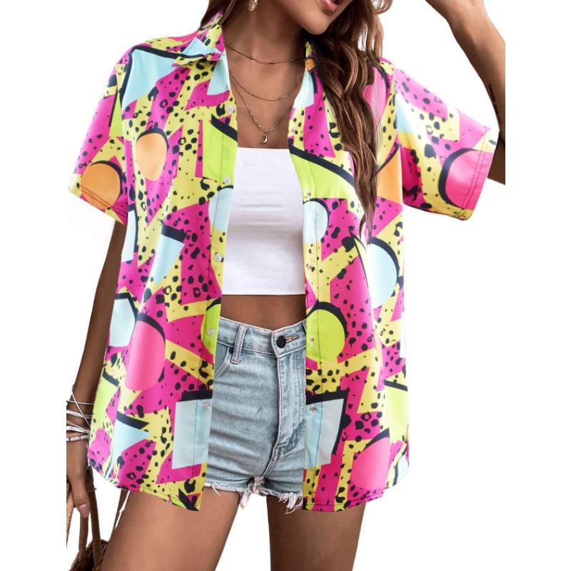 Sommer Neues Hawaiianisches Hemd für Damen Lässig Kurzärmelig Tropische Blume 3D-bedrucktes Hemd
