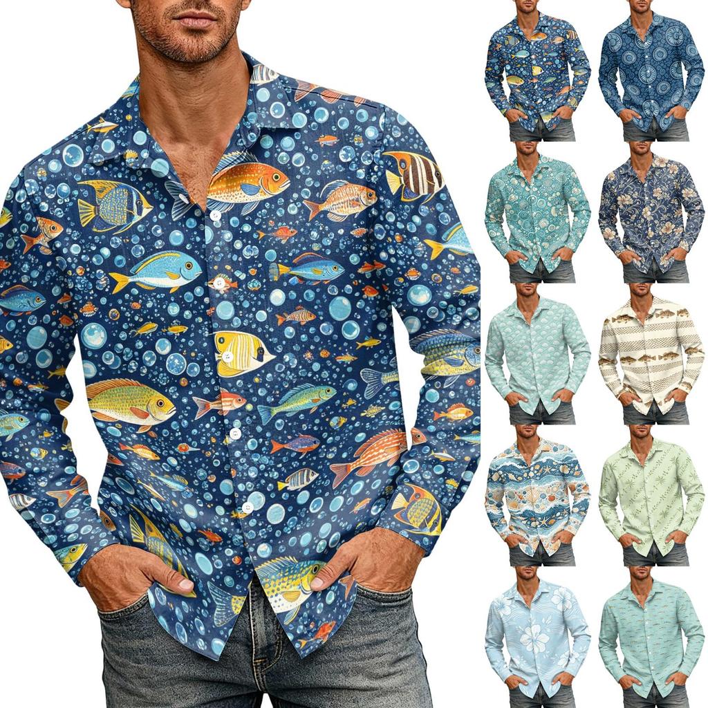 Men's Loose Fit Long Sleeve Shirt Hawaiian Style Retro Casual Button Down Shirt with Spread Collar Suitable for Spring and Autumn Wear