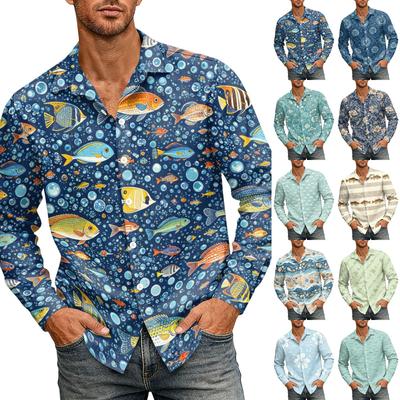 Men's Loose Fit Long Sleeve Shirt Hawaiian Style Retro Casual Button Down Shirt with Spread Collar Suitable for Spring and Autumn Wear