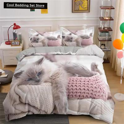 Juego de ropa de cama con bonito gato, funda nórdica 3D, individual, doble, tamaño completo, para adolescentes y adultos, ropa de cama de poliéster suave para bebés