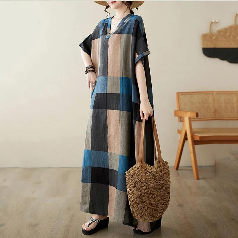 

Негабаритные платья Летние женские принты Свободные хлопковые льняные длинные платья с большим подолом Летние женские длинные платья L