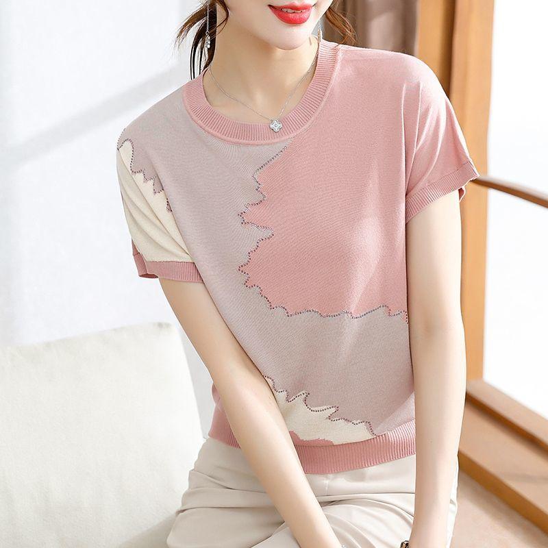 

Темперамент Летние Женские Футболки с Круглым Вырезом, Бриллиантами, Контрастным Цветом, Модные, Повседневные, Универсальные, Свободные, С Коротким Рукавом, Вязаные Топы L розовый