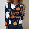 Women's Casual Long Sleeve Neck Top with Halloween Print