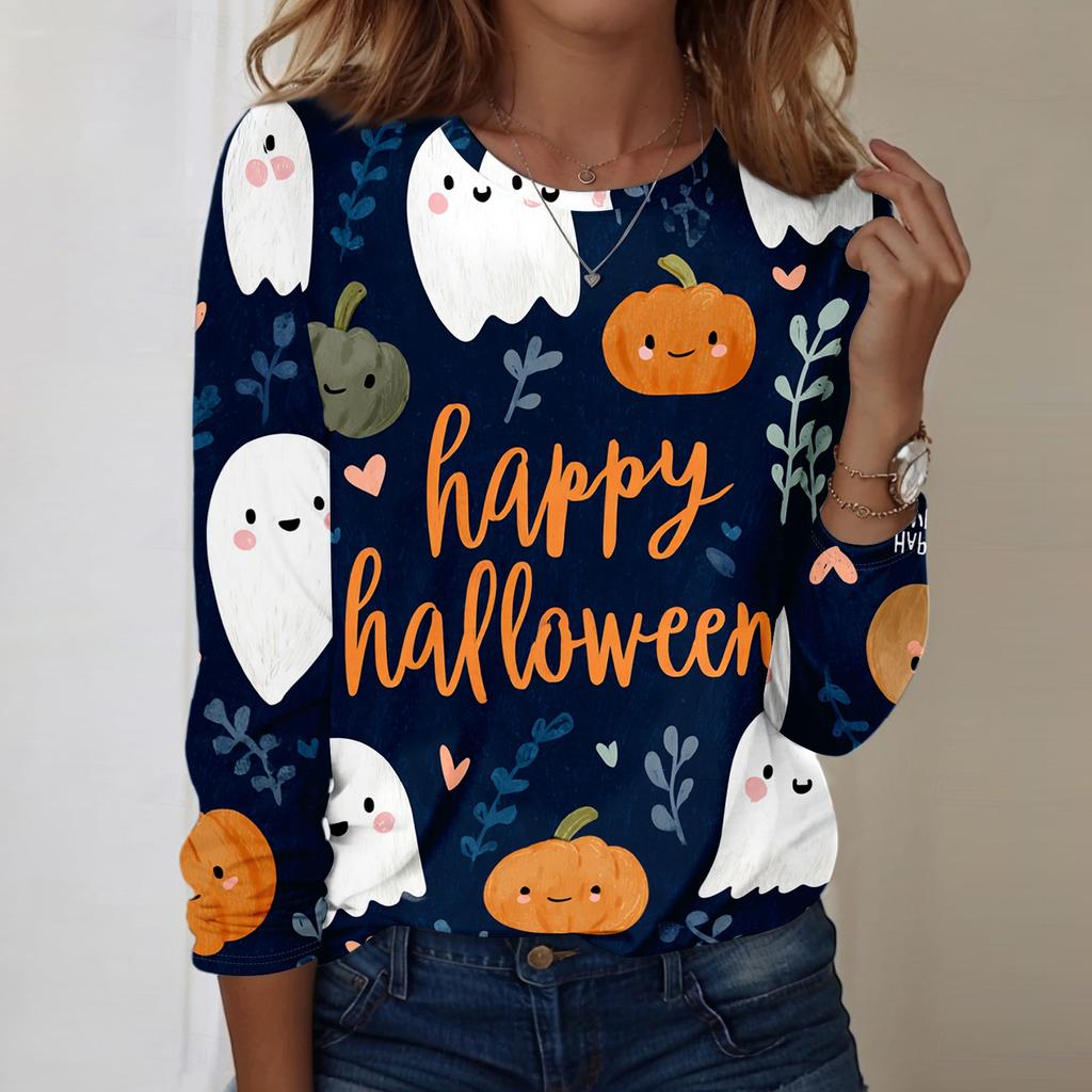 Women's Casual Long Sleeve Neck Top with Halloween Print