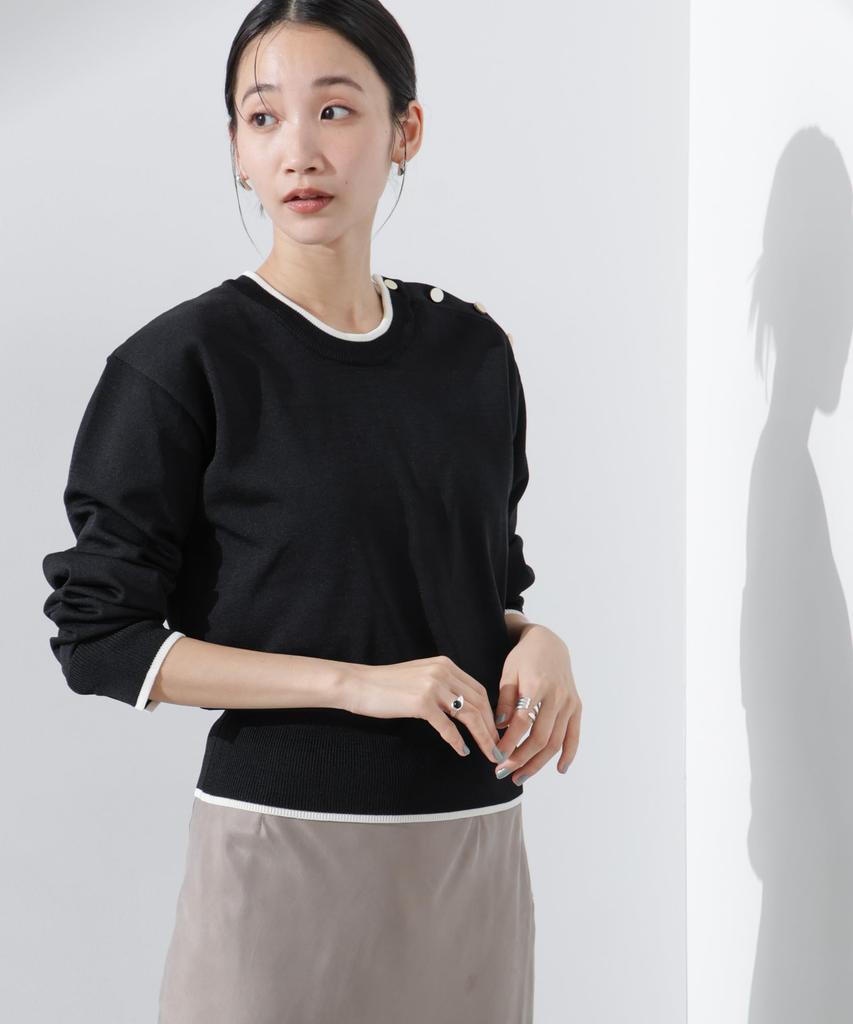 Nano Universe Machine Washable UV Protection Button Detail Knit F Women's Two-Tone Sweater, Black, 010, 673-5122313
