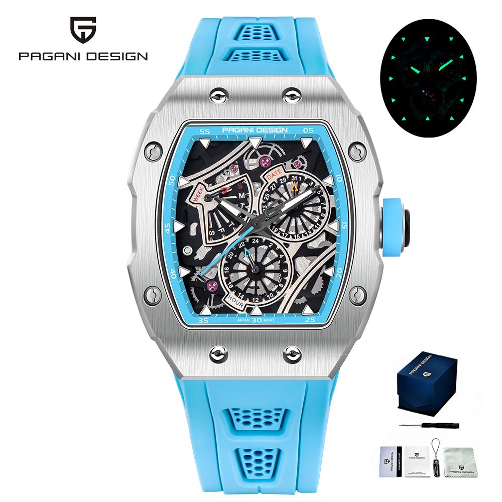 PAGANI DESIGN Tonneau Quartz Watch Men Luxury Sport Waterproof Luminous Multi-Function Silicone Band Male Clock PDYS012