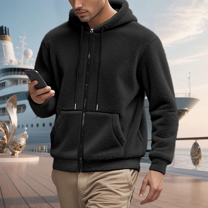 Men's American Style Double-Sided Fleece Hooded Jacket - Autumn/Winter, Zipper, Loose Fit, Casual Sweatshirt.