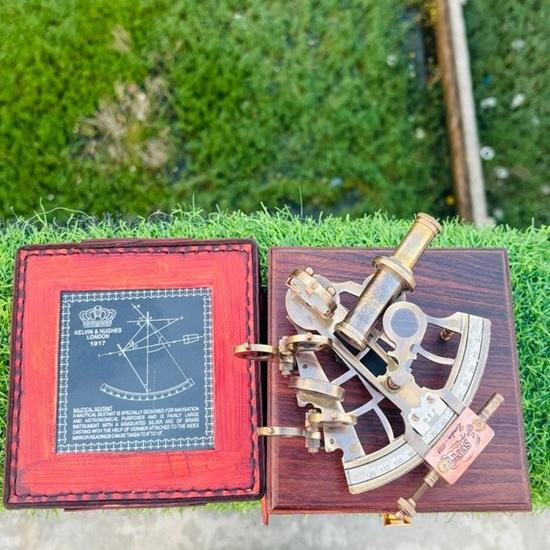 Brass Nautical Sextant: Maritime Navigational Instrument with Wooden Box