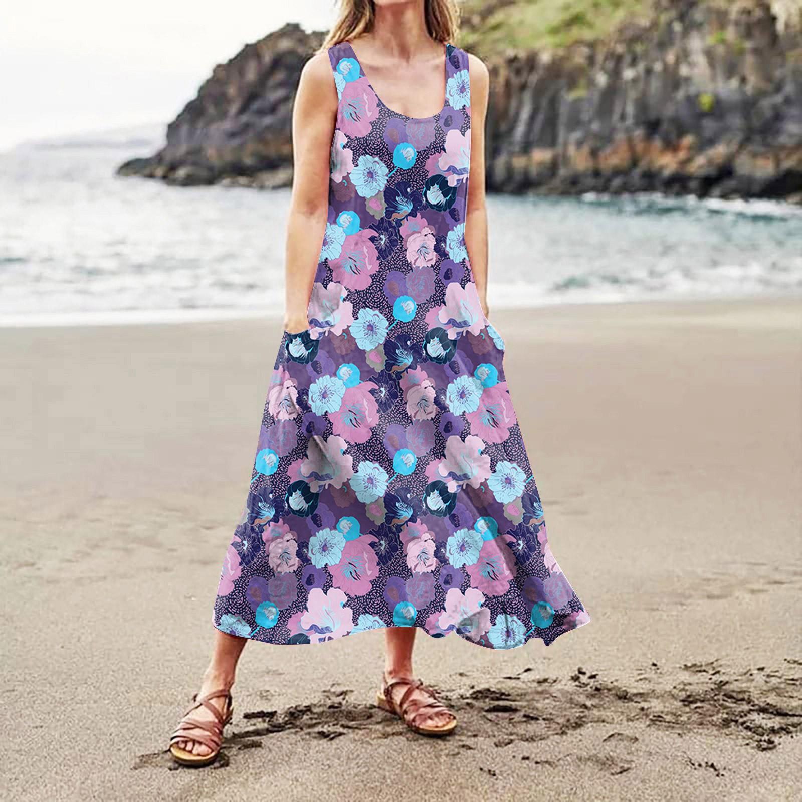 Модное летнее повседневное удобное хлопковое платье без рукавов с цветочным принтом — фото 5