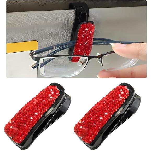 2 PCS Car Sun Visor Glasses Holder, Fashion Bling Car Eyeglasses Sunglasses Hanger for Women Girls, Glasses Holder Clip Hanger Mount with Ticket Card