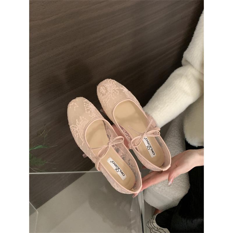 

Нежный вечерний бриз, балетки с бантом для девочки, 2025, новые туфли-лодочки с ажурной сеткой и вышивкой, одинарные туфли 39 розовый