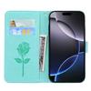 For iPhone 16 Pro Max Case Rose Pattern Leather Wallet Phone Cover with Strap