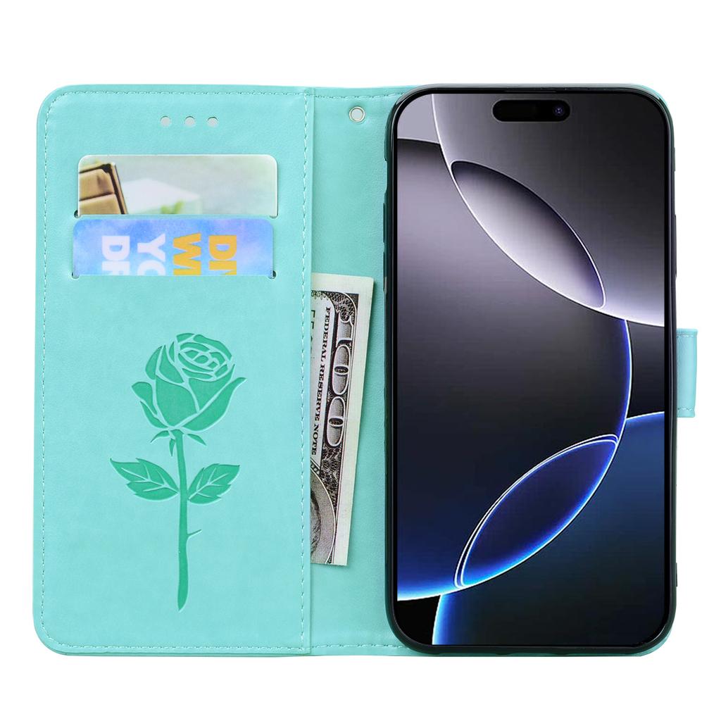 For iPhone 16 Pro Max Case Rose Pattern Leather Wallet Phone Cover with Strap