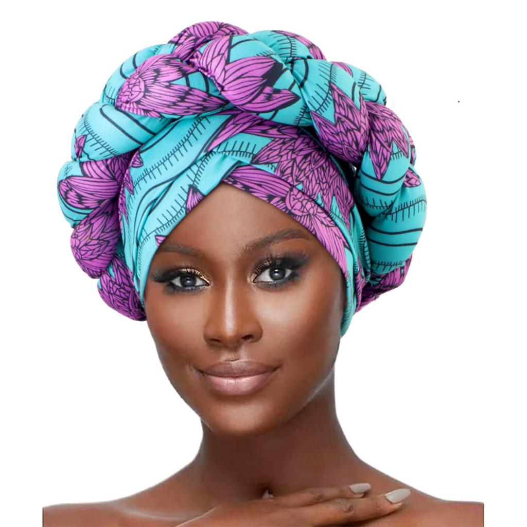 African Braided Headwrap High Skull Turban Cap Flower Printed Hijab Head Scarf for Music Festival Theme Event Oversized