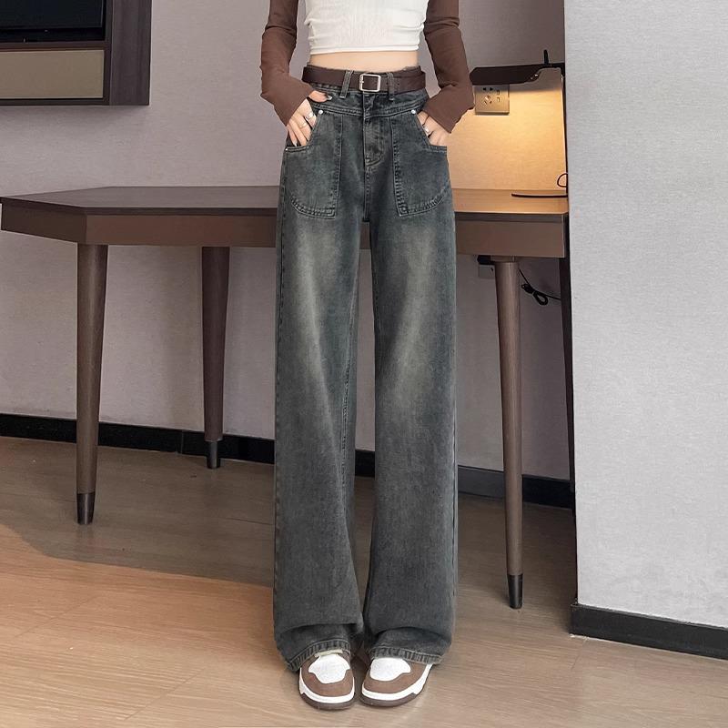 Women's Blue-Gray High-Waisted Wide-Leg Jeans - 2025 Spring Retro Casual Style