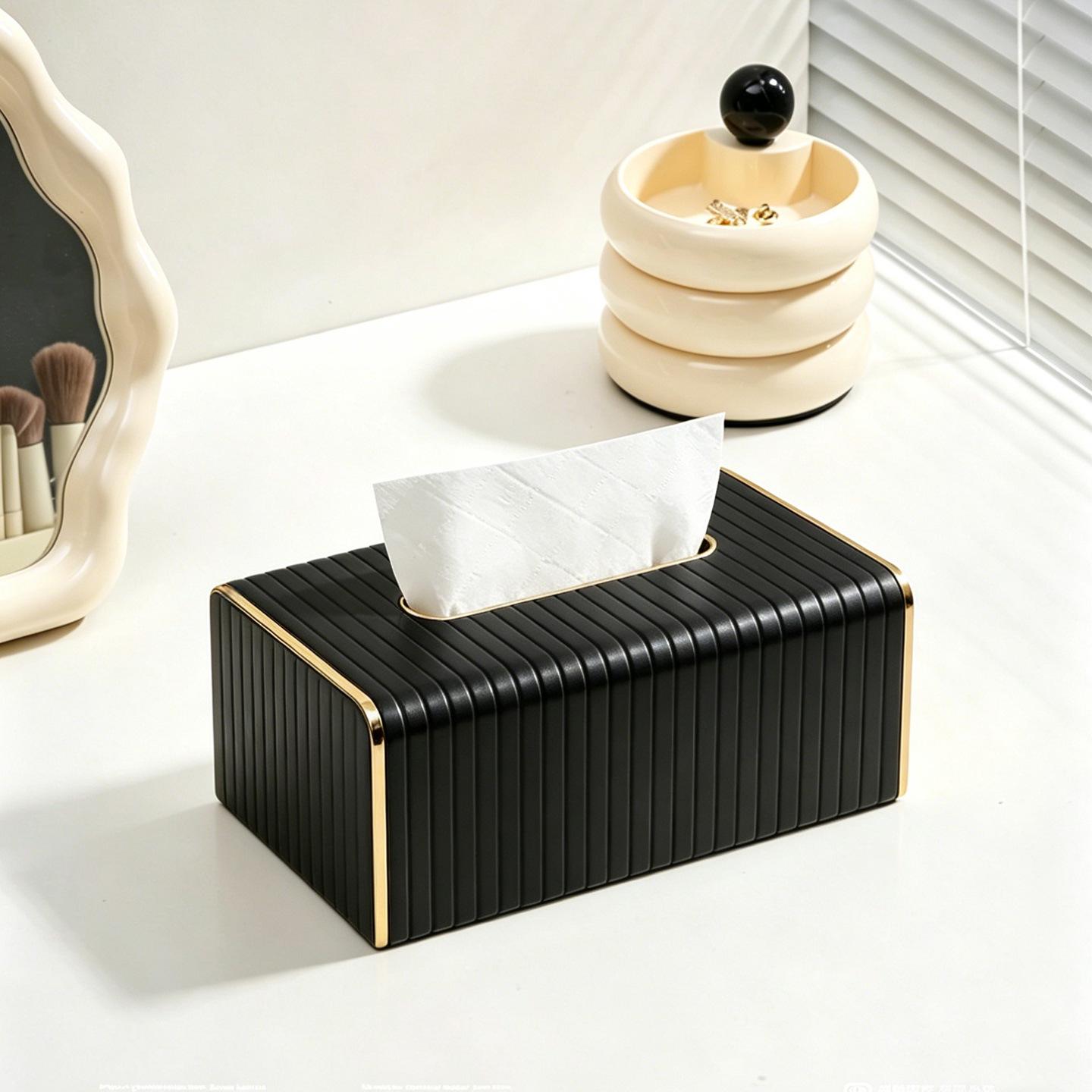 Elegant White & Gold Stripe Leather Tissue Box - Versatile High-End Desktop Storage