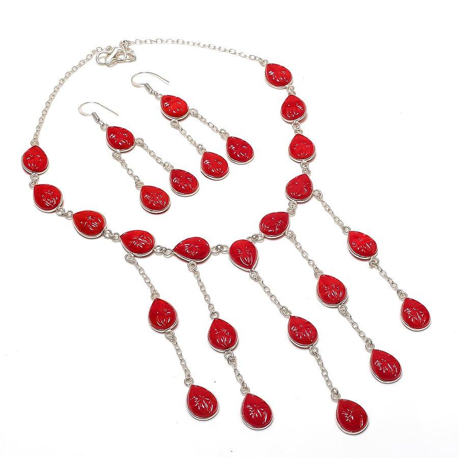 Natural Italian Red Coral Gemstone 925 Sterling Silver Jewelry Necklace 18  ASN-6070