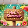 2D Bright Summer Tapestry, Hello Summer Sign with Tropical Flowers and Sparkles