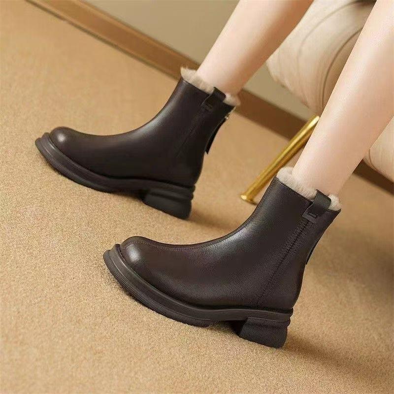 Rear zipper velvet thick heel fashion short boots women's autumn and winter new thick-soled versatile fashion boots
