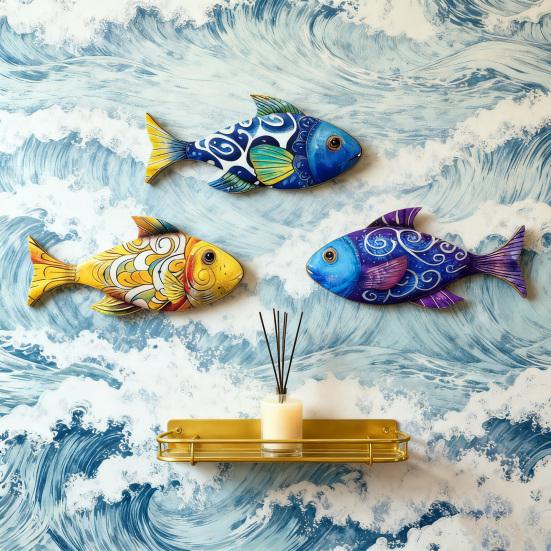 3 Pcs Wooden Fish Wall Art? Beach Nautical Coastal Theme Fish Wall Sculpture Rustic Lake House Hanging Decor for Linving Room Bedroom Home Decoration