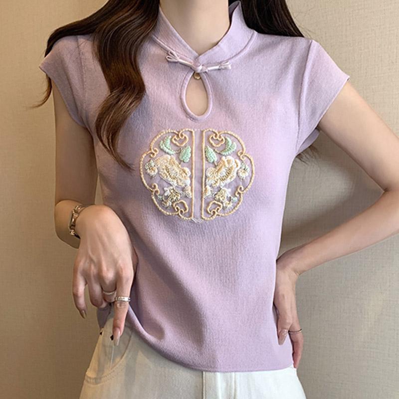 

Женские свитера, пуловеры, 2025, лето, короткий рукав, воротник-стойка, черный, белый, вязаный свитер, женские топы, пуловер JJ213 One Size фиолетовый