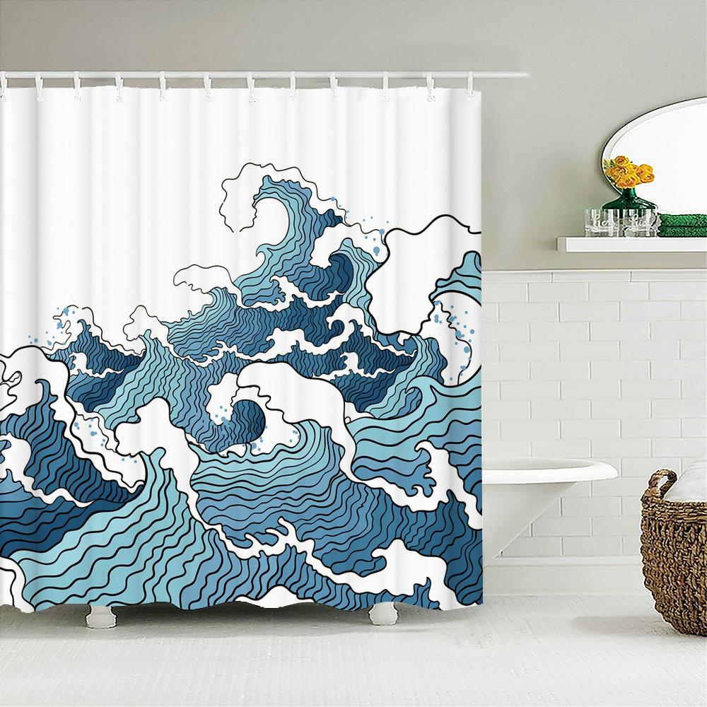 Classic Creativity Waves Spray Bath Curtain Waterproof Fabric Japanese style Shower Curtains Bathroom Bathtub Screen With Hooks