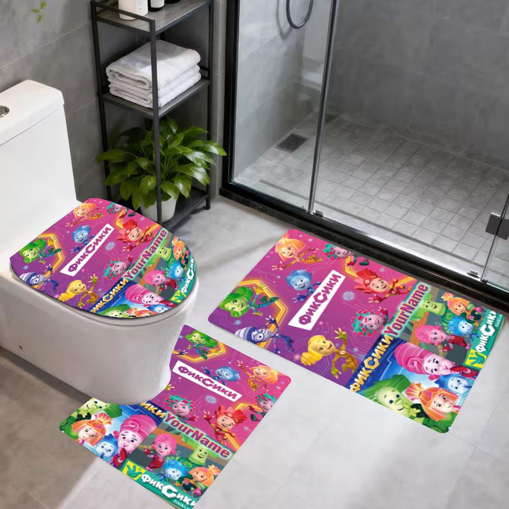 Fixies Customize Your Name Bathroom 3Piece Flannel Mat Set Bath Mat Set Toilet Coverushaped Foot Pad Gift Bathroom Decor