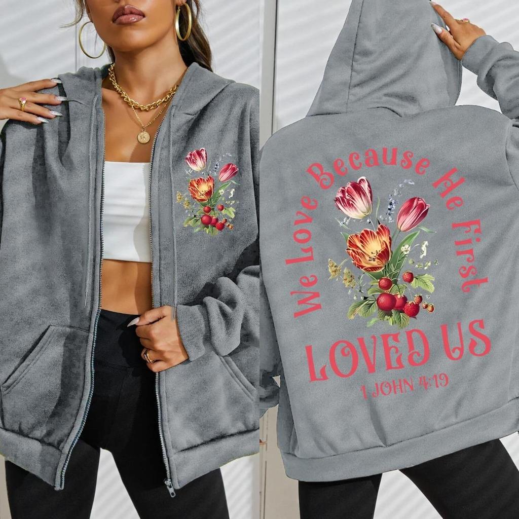 Loves Us Beautiful Flowers Prints Zipper Hoody Woman Crewneck Sportswear Vintage Oversize Hoodie Fleece Casual Soft Clothes