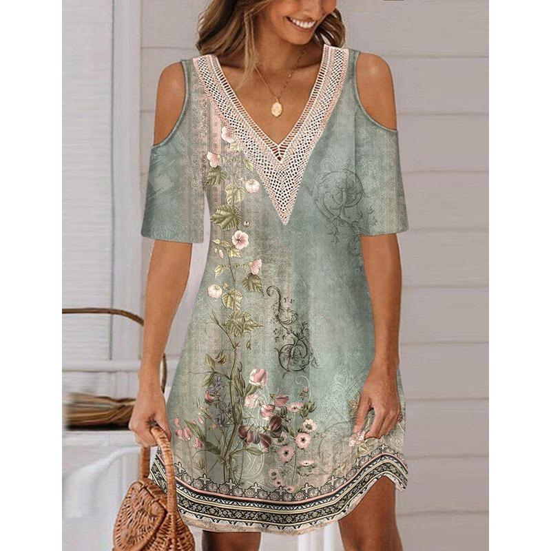 Dámská móda Léto Jaro Květinový potisk 1/2 rukávy Výstřih do V Volný pas Šaty pro volný čas