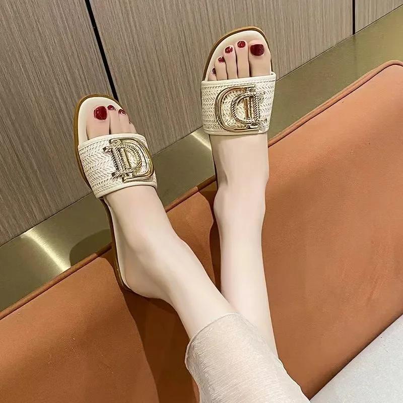 Women Luxury Decor Weave Design Flat Sandals Fashion Open-toe Vacation Casual Slides Party Sexy Elegant Office-Ladies New Shoes