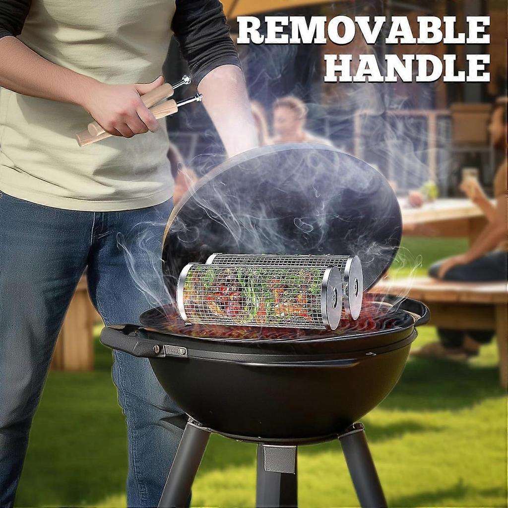 Rolling Grill Basket 2Pcs, Removable Wooden Handle, 304 Stainless Steel, Outdoor Kitchen Grill Accessories for Vegetables, Garden Camping Gadgets for 