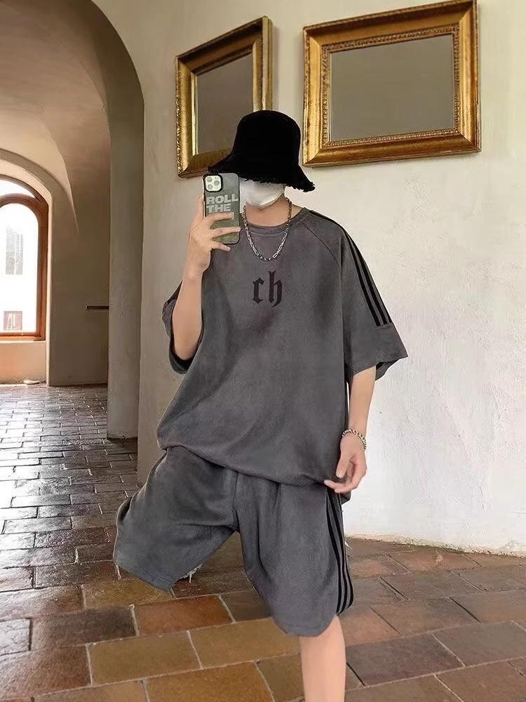Men's High-End Suede T-Shirt & Shorts Set - Summer Retro Casual Sportswear