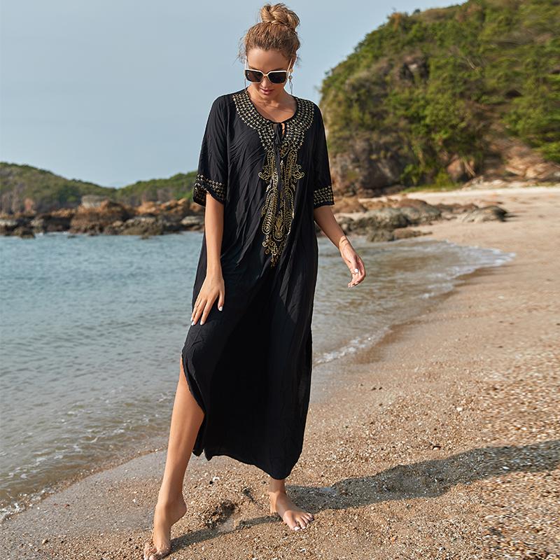 Embroidery Kaftan Beach Tunic Cotton Beach Cover Up Saida De Praia Swimsuit Women Bikini Cover Up