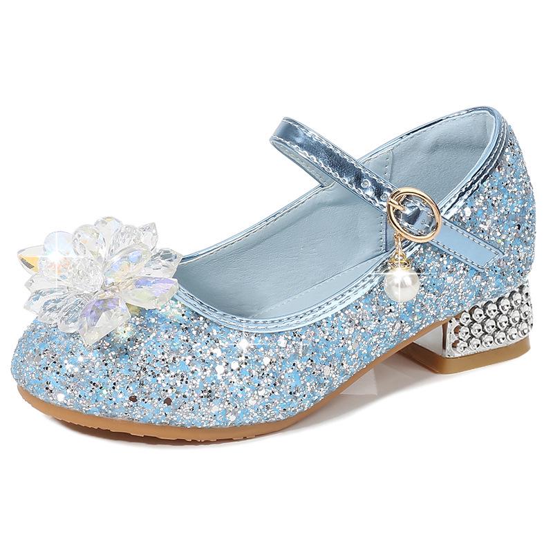

Girls Blue Crystal Princess Heels - Spring/Autumn Non-Slip Fashion Shoes with Flower Detail for Kids 26 синий