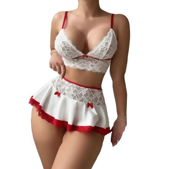 

Сексуальный Комплект Пижамы для Женщин Прозрачный Кружевной Укороченный Топ-Камисоль с V-образным Вырезом с Бюстгальтером и Комплект с Короткой Юбкой Летний Комплект из Двух Предметов Одежды для Сна L белый