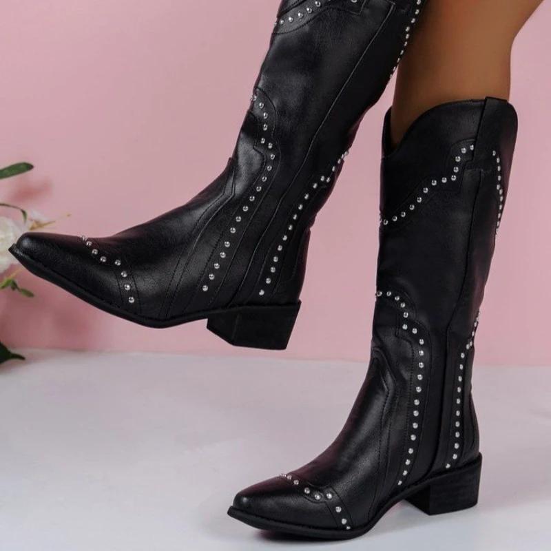 Fashion Retro Rivet Mid Calf Cowboy Boots for Women 2024 Autumn  Chunky Heels Western Boots Woman Slip On Pointed Toe Cowgirl Boras