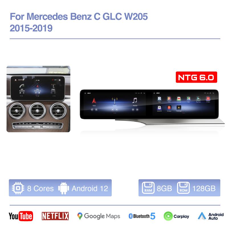 12.3inch Android12 Car Multimedia Video Player For Mercedes Benz C GLC W205 2015-2019 GPS Navigation CarPlay 4G 360Camera wifi