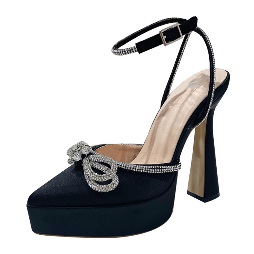 Black Rhinestone High-Heeled Sandals with Waterproof Platform and Butterfly Wide Fit