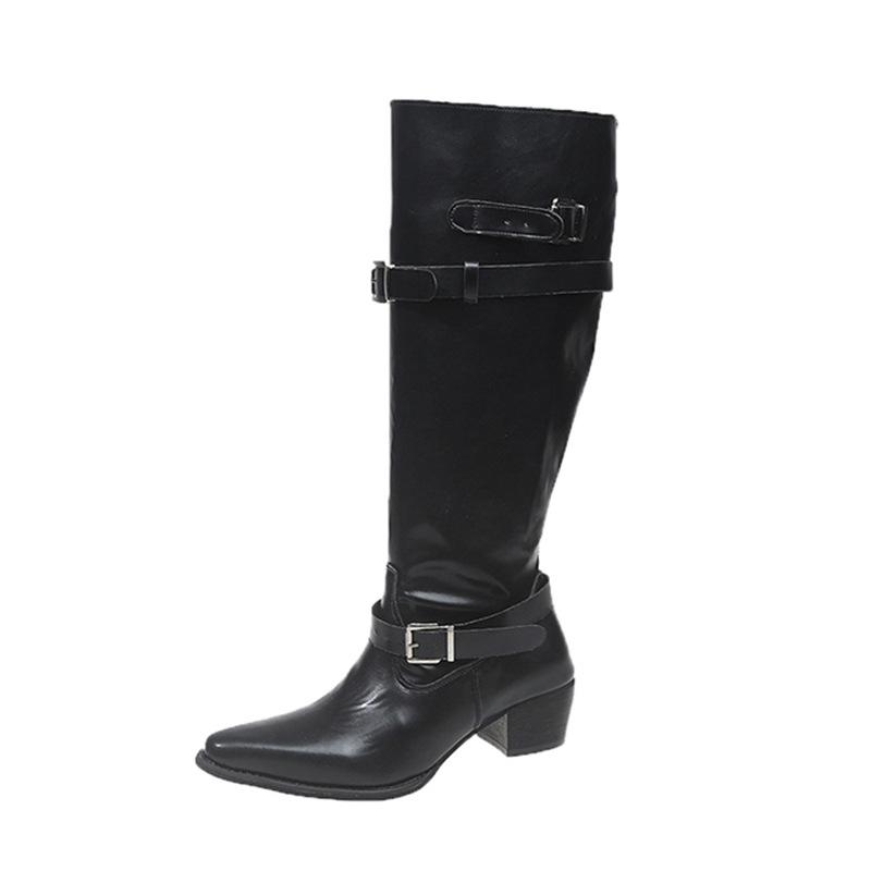 0000 autumn and winter new big tube heap boots thick heel pointed belt buckle high knight boots Spice girl wide tube boots