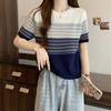 Striped Ice Silk Sweater Women's Short-sleeved Summer Loose Thin T-shirt Top