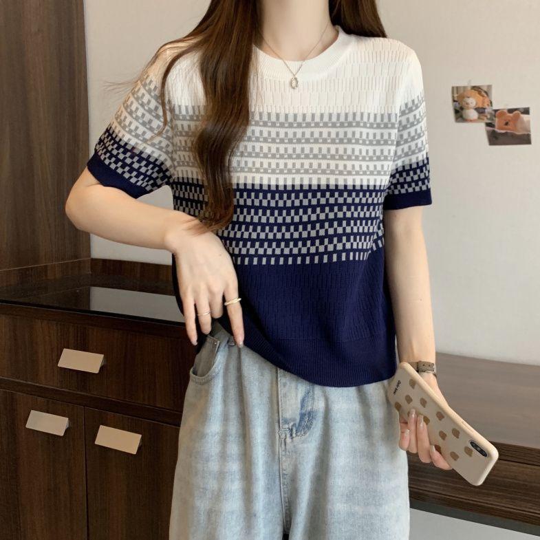 Striped Ice Silk Sweater Women's Short-sleeved Summer Loose Thin T-shirt Top