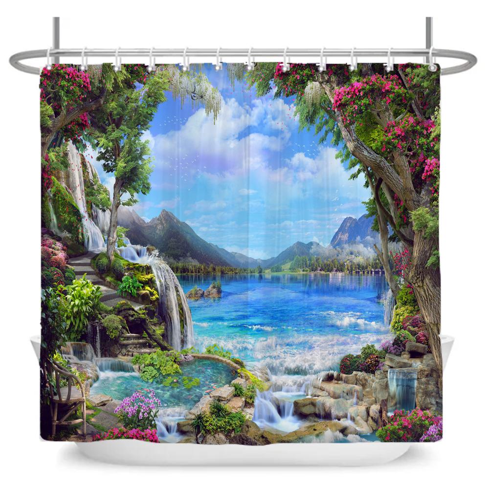 Beautiful Seaside Garden 3D Print Shower Curtain Rural Flower Scenery Bathroom Waterproof Bathtub Curtain Home Decor With Hooks