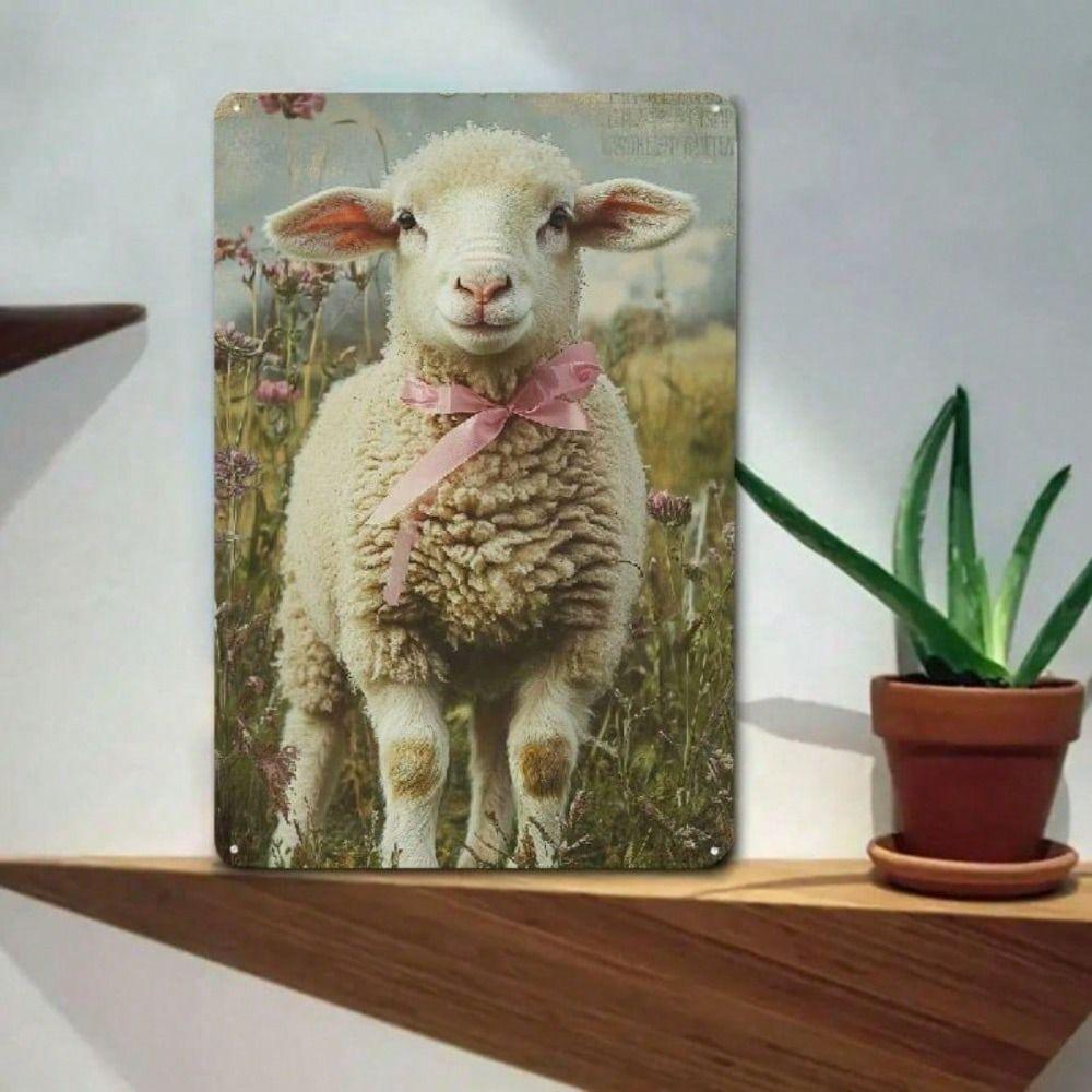 

Vintage Sheep Pink Bow Metal Wall Sign 8x12 inch Durable Plaque Home Decor