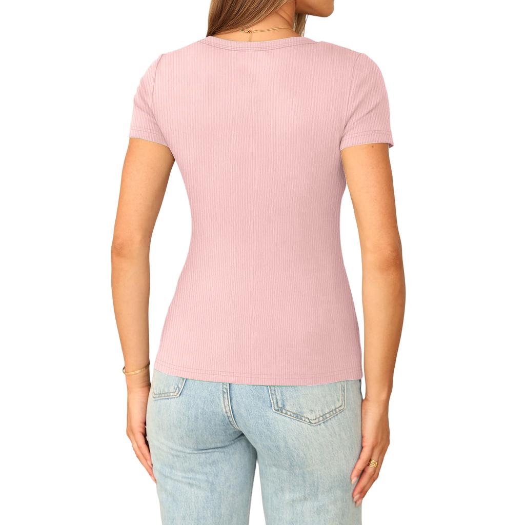 Women’s Short Sleeve Ribbed Knit V Neck Fitted T Shirt Soft Stretchy Basic Top for Casual Daily Wear