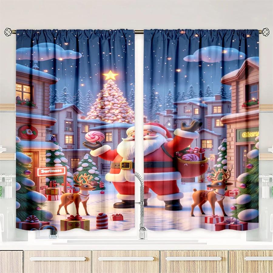 Set Of 2 Christmas Santa Claus Tree Pattern Printed Curtains Decorations Home Room Made Polyester