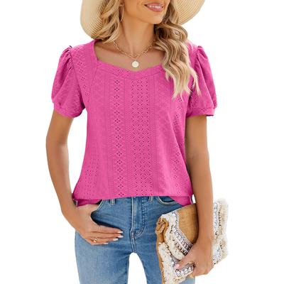Women's Summer Square Collar Solid Color Short-sleeved Patchwork Casual T-shirt Top