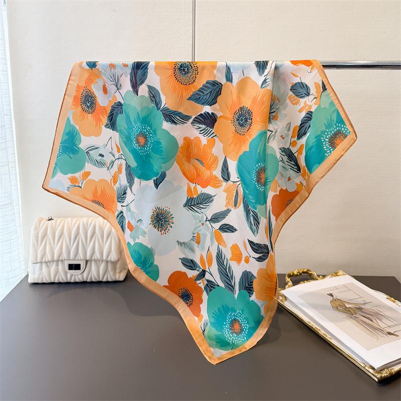 2026 New Fashion Luxury 70cm Square Silk Women's Scarf Flower Printed Satin Scarves Shawl Designer Headband Bandana