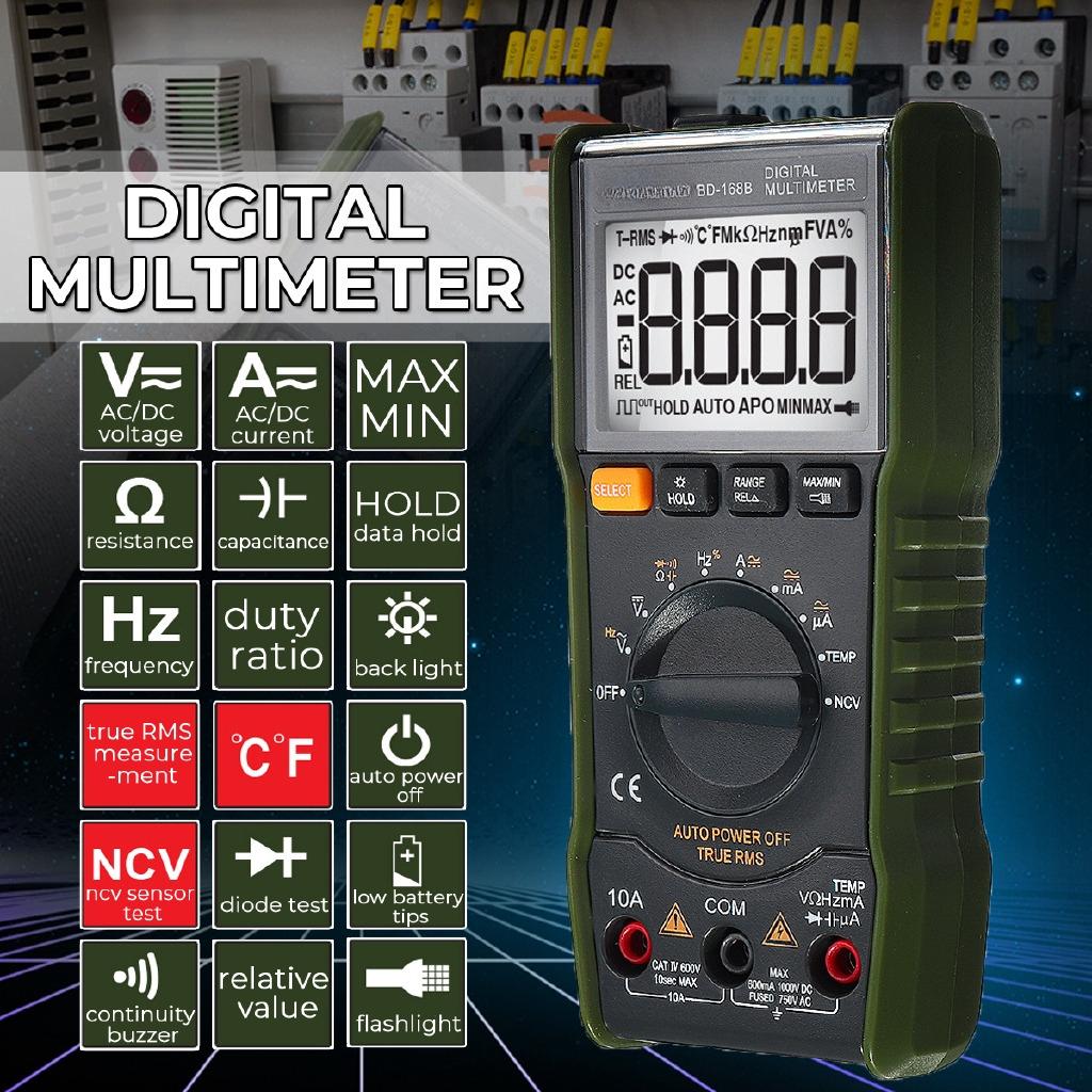 168B Digital Portable Auto Range Multimeter 6000 counts LCD Display Backlight Ammeter Voltmeter AC/DC Voltage Measuring Army green New
