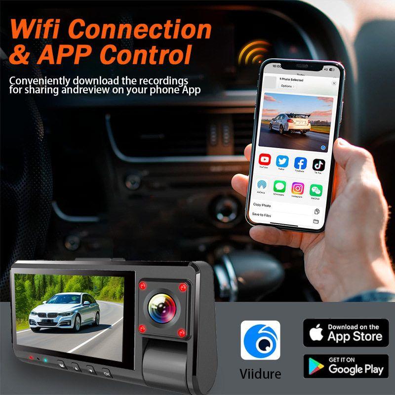 High-Definition 1080P Three-Camera Dashcam with Wifi Mobile Phone Connectivity, 3inch Screens, Wide-Angle Infrared Night Vision, and Reversing Images