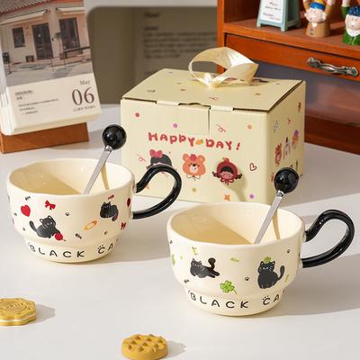 Tazza in Ceramica Creativa Gatto Nero Piccolo con Cucchiaino per Uso Domestico Grande Capacità Tazza da Coppia per Ufficio Tazza Souvenir di Alto Valore